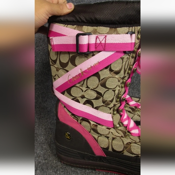 Coach Marian Signature Logo Khaki Rare Pink Trim Lace-Up Mid-Calf Snow Boot 9M - Picture 13 of 16